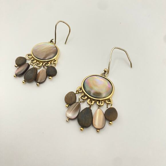 Vintage MONET Boho Chandelier Teardrop Mother of Pearl Dangle Gold Tone Earrings - Picture 3 of 3